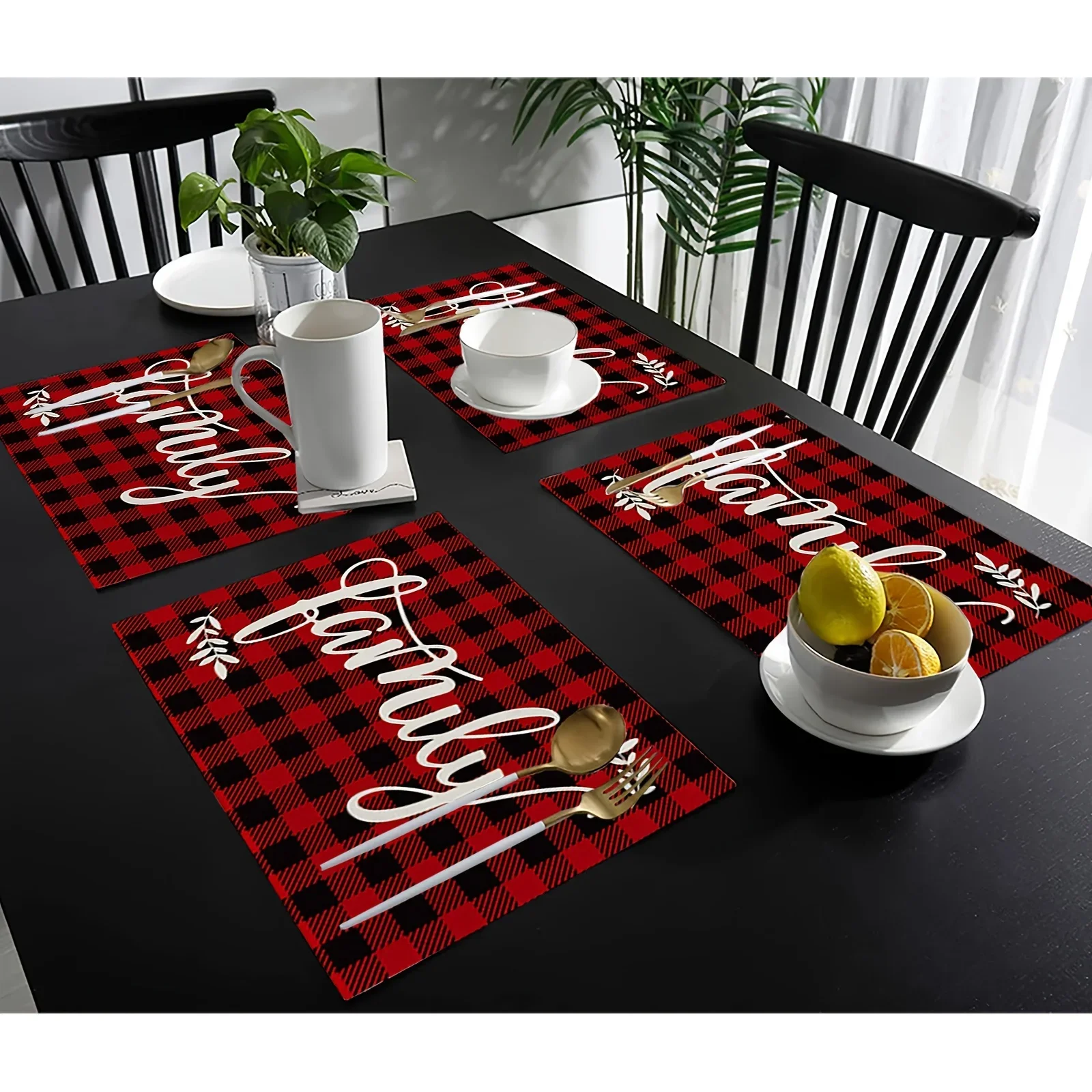 1pc Mode Christmas Placemats For Dining Table Red Buffalo Plaid Love Home Family Together,Valentine's Day Holiday Table Mat