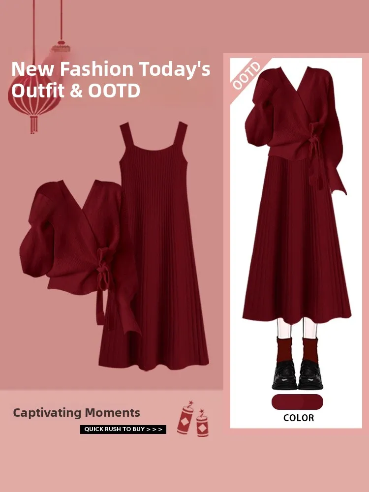 

Christmas Theme Wrap Dress with Belt Slimming Effect Red Color Winter Fashion Casual Style Long Sleeve V-Neck Two-Piece Set