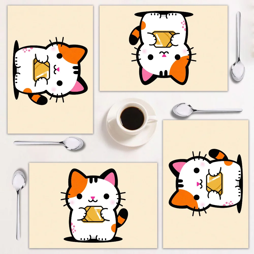 

Набор подставок для столовых приборов из 4 предметов, дизайн с милым котом, легко чистится, прямоугольный декор для домашней кухни, идеально подходит для праздников, 12×18 дюймов.
