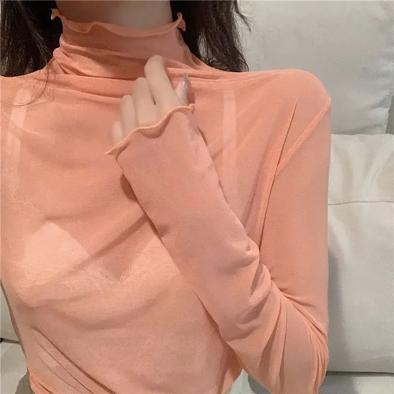 High Neck Sheer Mesh Top Frauen Kleidung Langarm Rollkragen T-shirt Koreanische Sexy Durchsichtig Schwarz Weiß Rosa Lila Hemd Neue