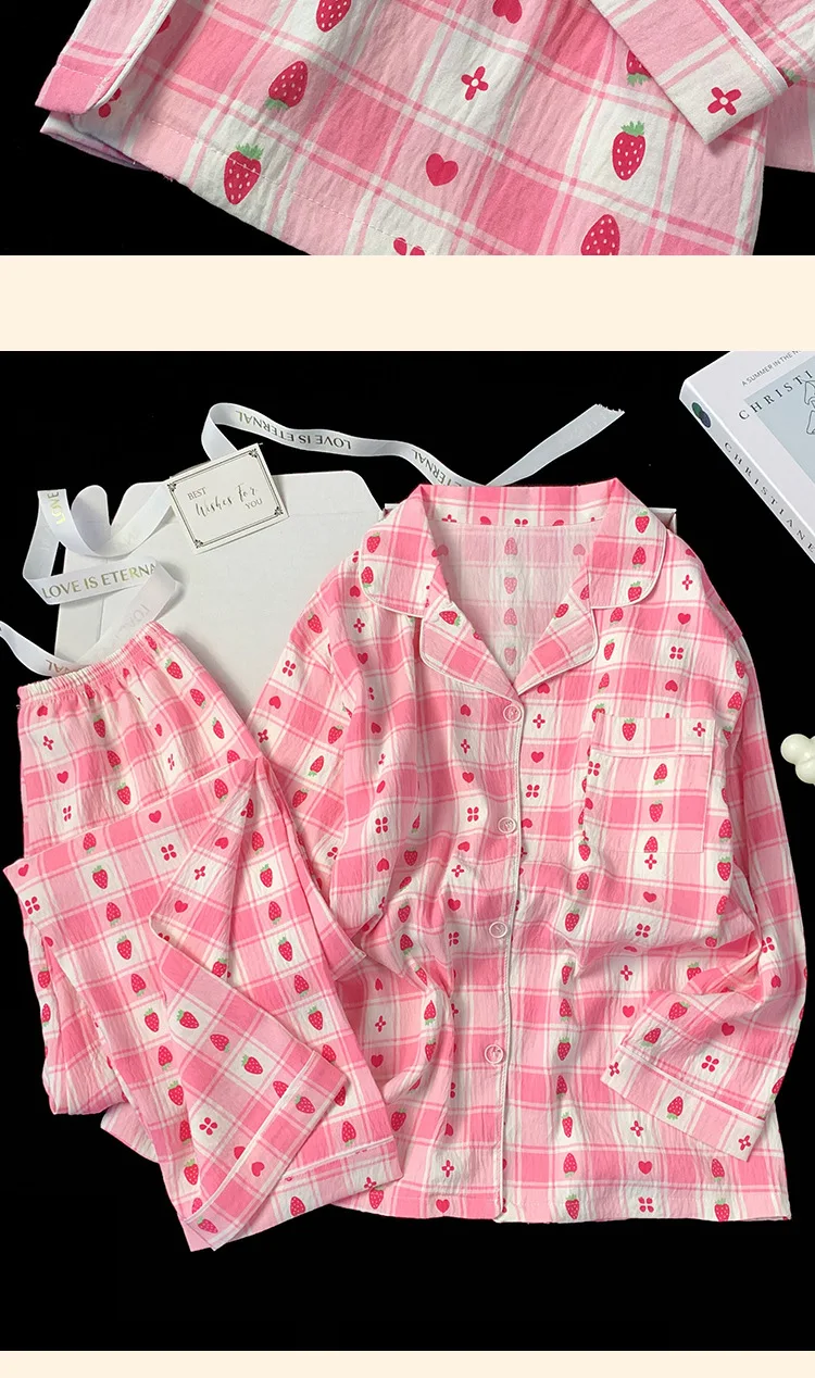 Erdbeer-Pyjama für Damen, langärmelig, Loungewear, Nachtwäsche in Übergröße, Damen-Nachtwäsche, kariertes, gestreiftes, herzförmiges Muster – Detail 9