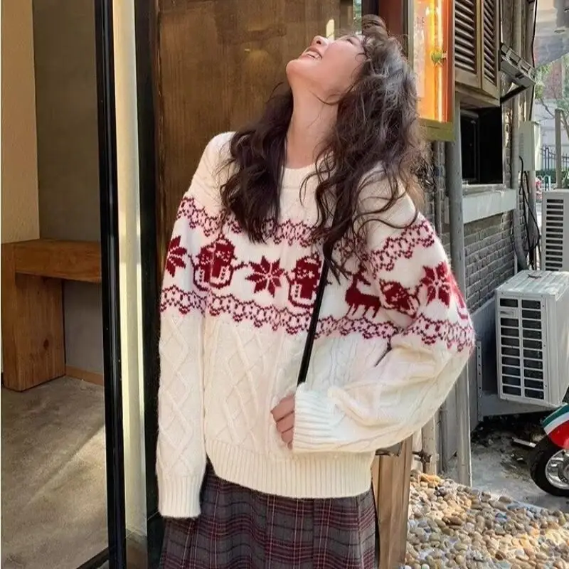 

Модный повседневный рождественский свитер с круглым вырезом Fair Isle, женский свободный ленивый теплый трикотаж, осенний нечеткий теплый вязаный свитер в рубчик