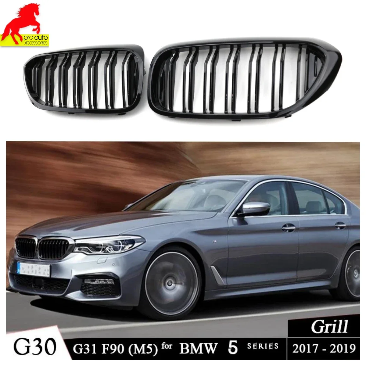 

Front Kidney Grille Black for BMW 5 Series 2017-2019 (Pre-LCI) G30 Sedan G31 Wagon F90 M5 528i 530i 535i 540i Car Racing Grills