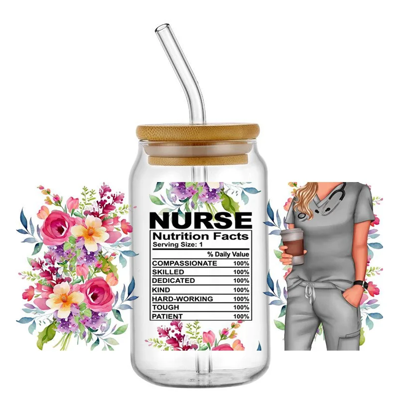 Nurse Life UV DTF Cup Wraps, Floral Scrub & Coffee Stickers, Waterproof Decals for Tumbler, Nurse Appreciation Gift