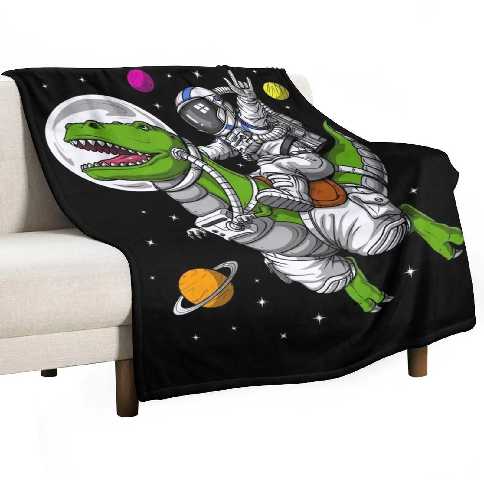 Space Astronaut Riding T-Rex Dinosaur Throw Blanket Shaggy Decorative Sofa For Baby Blankets