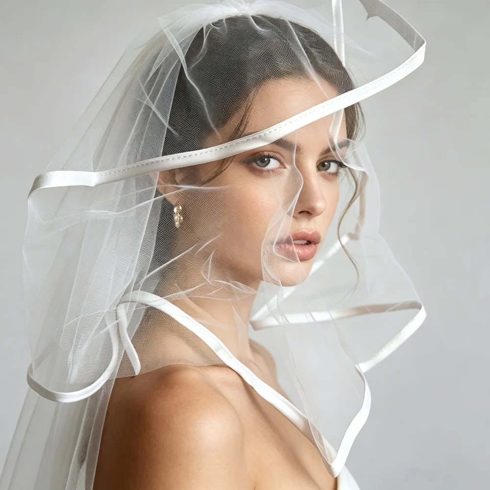 2 layers Romantic Bridal Veil Simple Ribbon Edge Soft Tulle Wedding Veils with Clear Hair Comb Marriage Wedding Accessories
