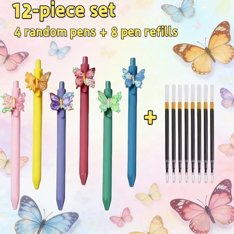 12pcs color butterfly series ballpoint pens (4 pens + 8 refills) suitable for school, office and other settings, school supplies