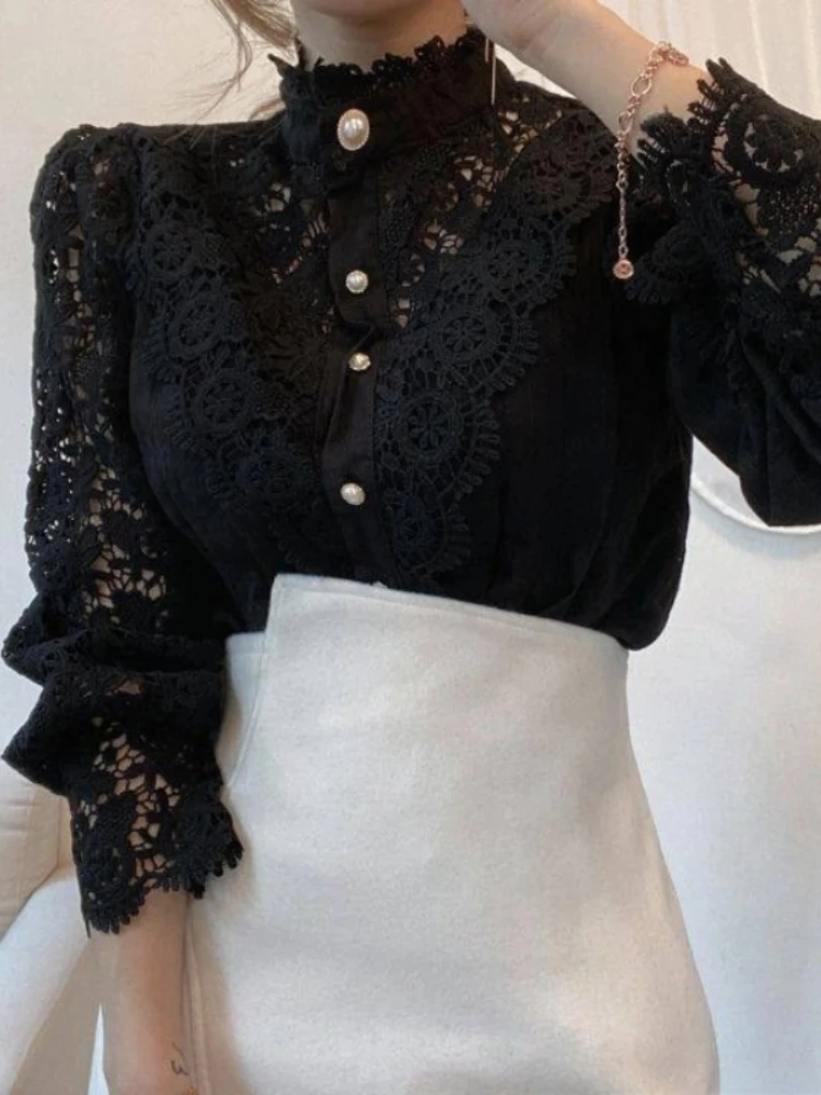 Novo outono feminino gola alta camisa de manga longa elegante renda casual cardigan blusa tamanho grande quatro estações 12419