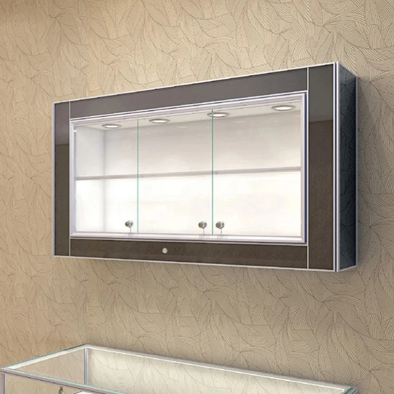 custom.Hot Luxury Modern Led Down Light Mdf Material Customizable Jewelry Wall Showcase Retail Wooden Jewelry Display Ca