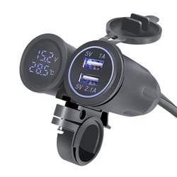 Autocycle USB Socket Dual USB Port Motorcycle Charger Power Socket With Voltmeter Thermometer 3.1A Mobile Phone Charger Socket