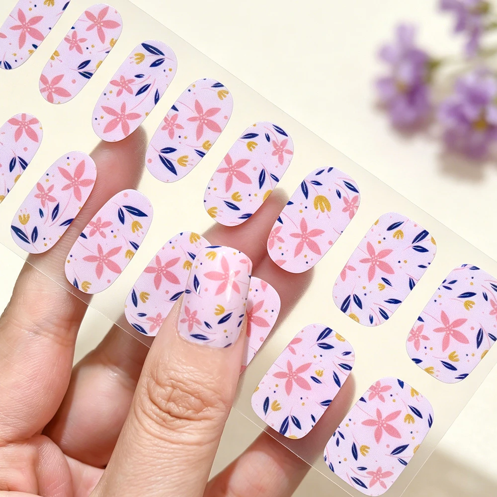 16Tips Free-Baking Oil Painting Flower Nail Art Wraps Watercolor White Pink Floral Nail Stickers Full Cover Spring Flower Slider