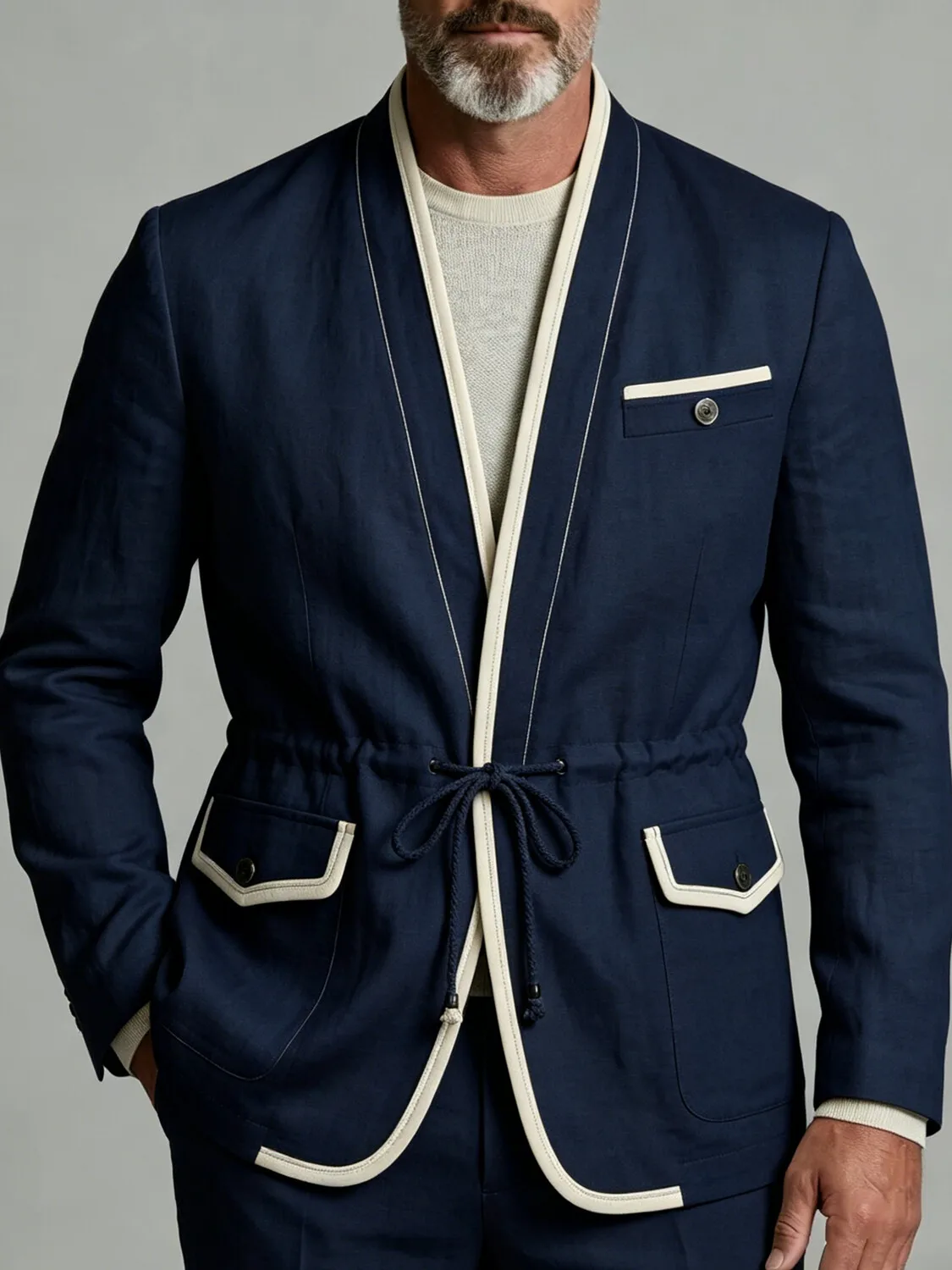Men's Drawstring Waist V-Neck Suit Jacket Contrast Trim Casual Blazer for Classic Business Daily Wear Party Formal with Pockets