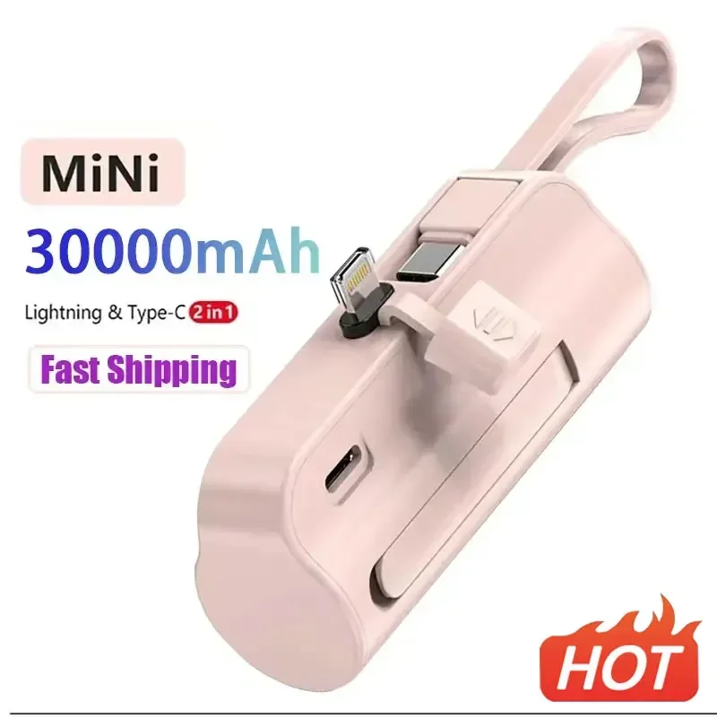 

2 in 1 Power Bank 30000mAh Built in Cable Mini PowerBank Battery Portable Charger for IPhone Samsung Xiaomi Spare Power Bank New