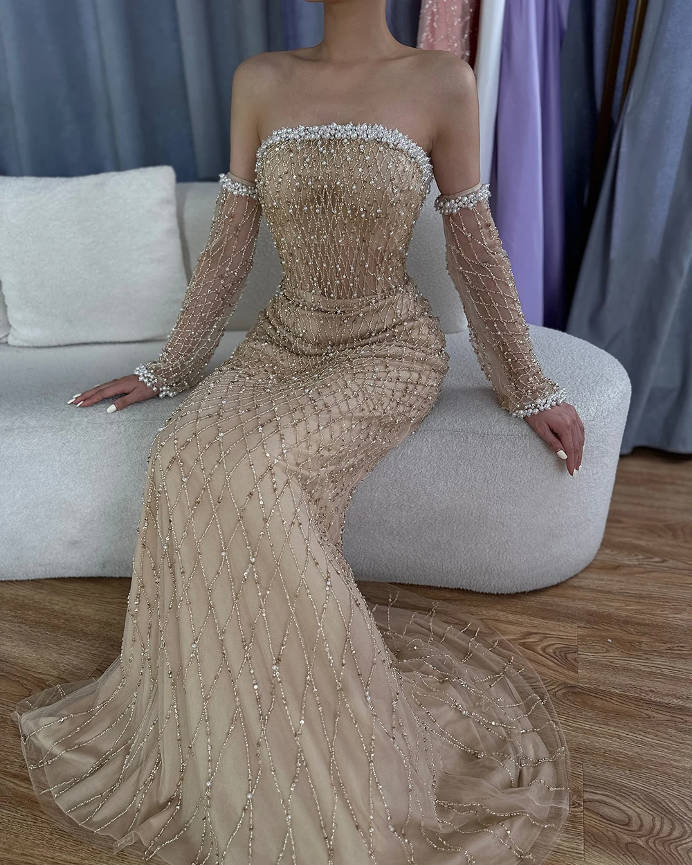 Serene Hill Customized 2025 Nude Arabic Strapless Evening Beaded Dress with Gloves Party Gown for Formal Occasion GLA72649