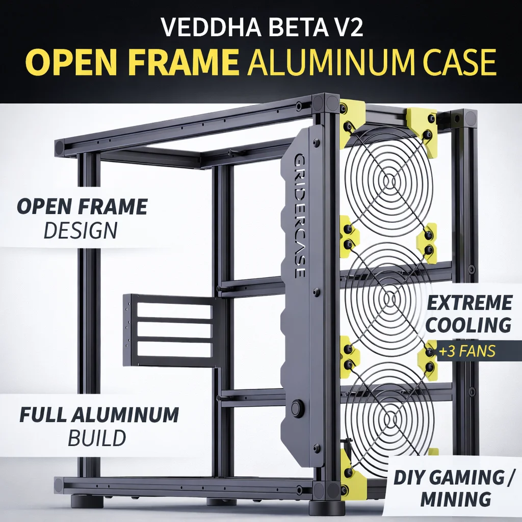 Veddha Beta V2 Open Frame Aluminum PC Case ATX DIY Mining Rig Chassis Water Cooling Gaming Computer Case Support 3 Fans