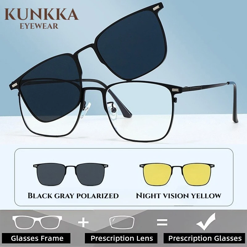 KUNKKA Magnet Clip Polarized Sunglasses Men Driving night vision Square Frame Custom Prescription Eyewear Women Myopia Glasses
