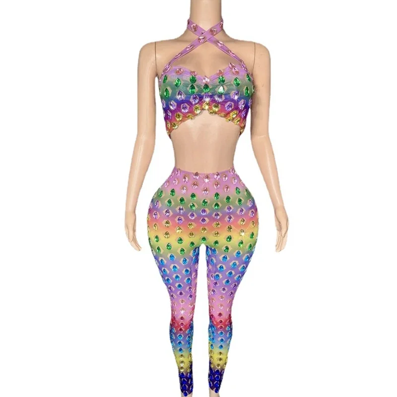 Sexy Mesh Leggings Dance Costume Stage Wear Colorful Crystals Crop Top Pants Two Pieces Set Evening Birthday Celebrate Outfit