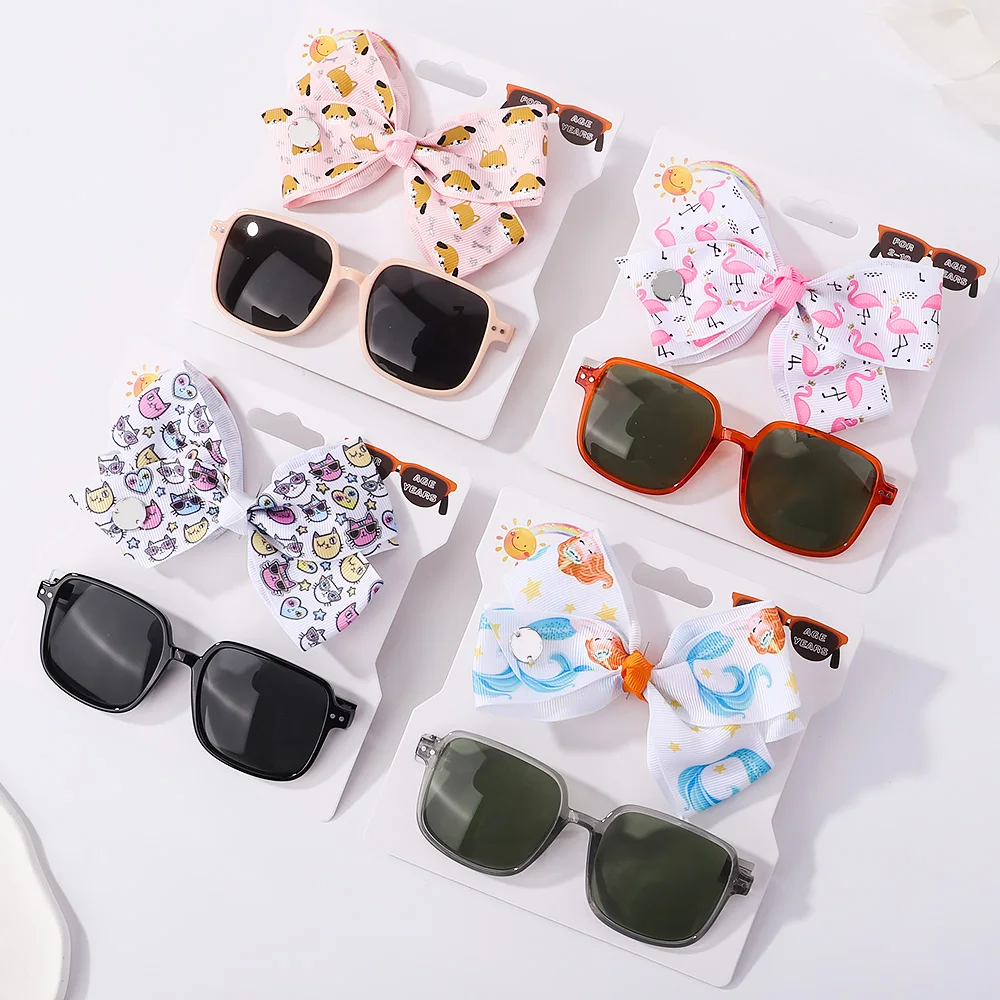

2PCS/Pack Fashion Cartoon Printed Bow Hair Clip Geometric Square Sunglasses Cute Barrettes Kids Headwear Girl Hair Accessories