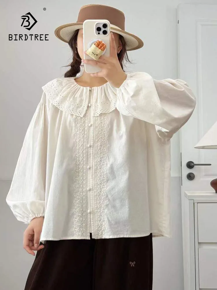 

New 2025 Autumn Cotton Long Sleeve Shirt, Women Turn-down Collar Embroidery, Mori Girl Japan Style Casual Loose Blouse T59351CC