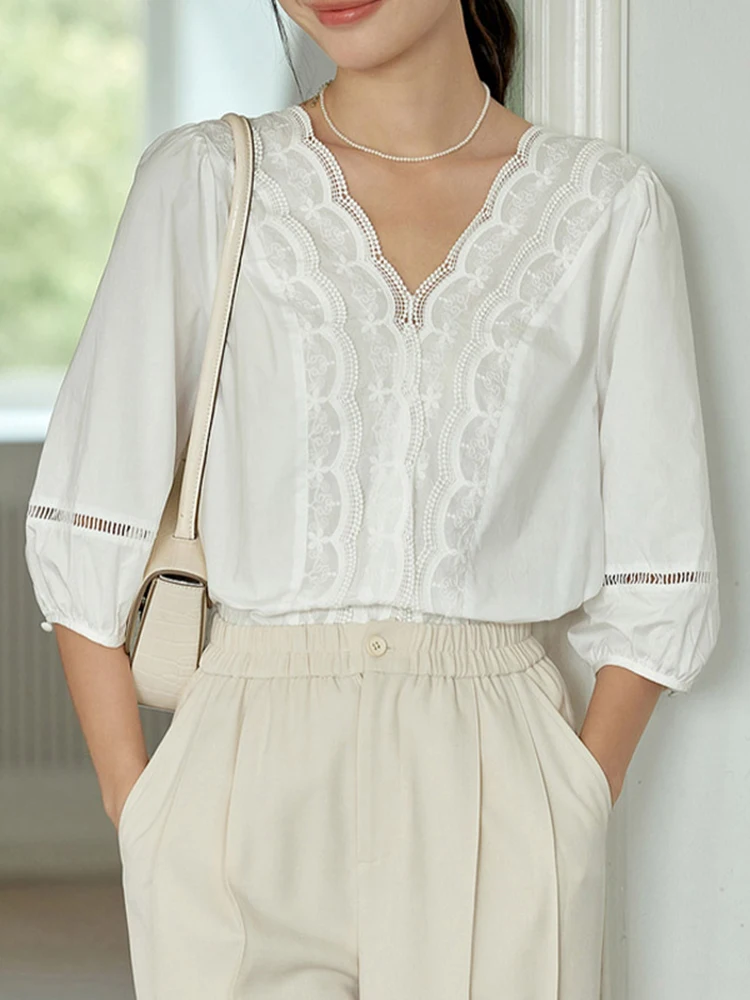 2025 New Summer Short Sleeve White Shirts Women Embroidered Lace Blouse V Neck Hollow Out Tops Female Elegant Office Ladies Tops