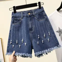 Jeans shorts women's new summer 2024 plus size loose beaded burrs A wide-leg pants fashion temperament elastic waist hot pants.