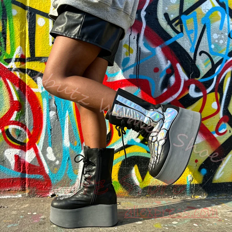 Skeleton Print Platform Boot Knee High Women Lace Up Side Zip Gothic Punk Thick Sole Footwear Halloween Alternative Streetwear