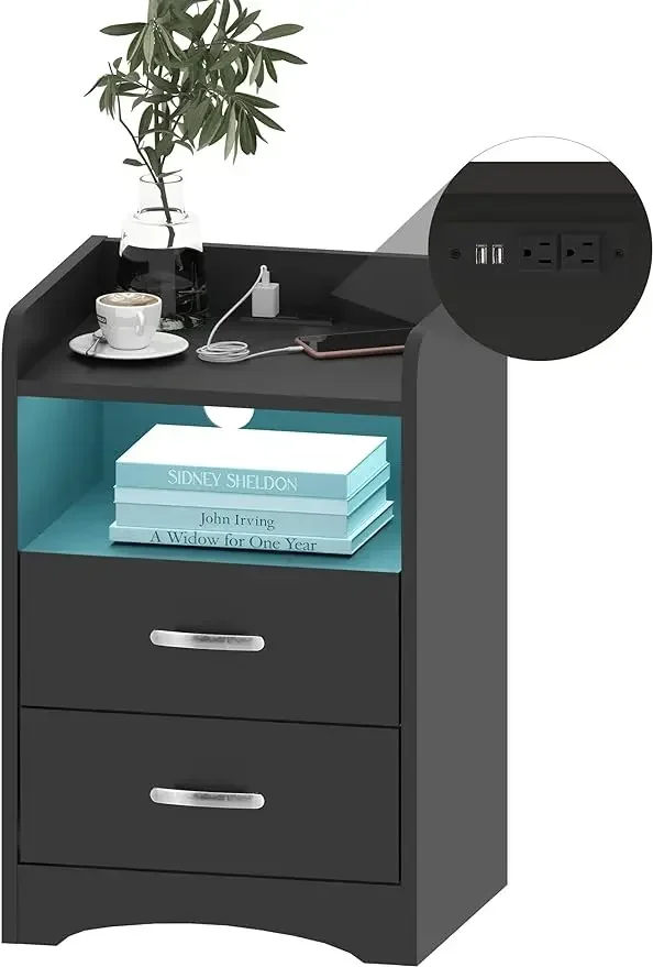 

Прикроватная тумбочка с зарядной станцией и светодиодной подсветкой, современный торцевой столик с 2 ящиками и USB-портами, прикроватные тумбочки (черный/