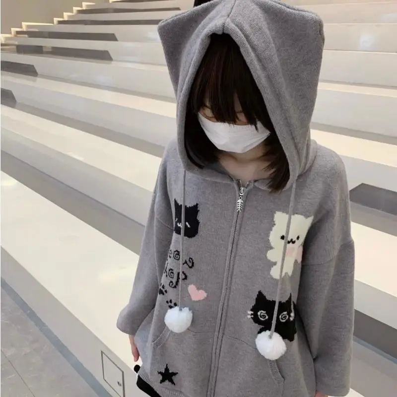 Women Y2k Gray Kawaii Eat Hooded Loose Sweaters Coats Cardigan Long Sleeve Cartoon Cat Korean Preppy Style Sueter Mujer