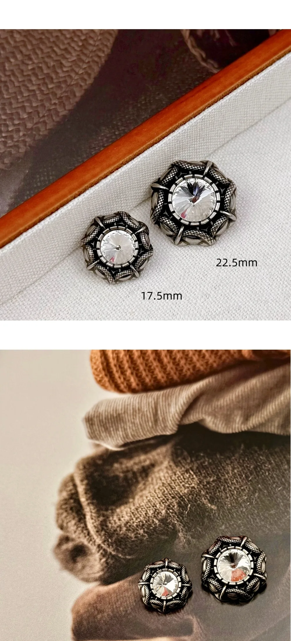 10 Stück Metallknöpfe, Kleidungszubehör, eingelegte Strass-Dekorationsknöpfe, DIY-Bastel- und Nähzubehör, unregelmäßige runde Knöpfe – Detail 4