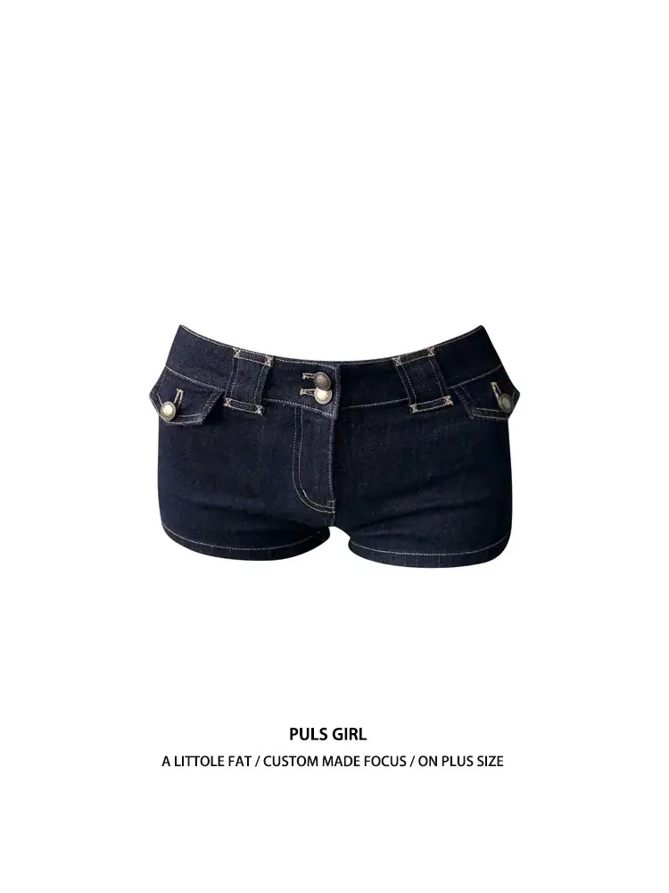 

Low Waist Slim Fit Denim Shorts Women's Retro Washed Button Design Large Size American Style Hot Pants Casual Summer Trousers