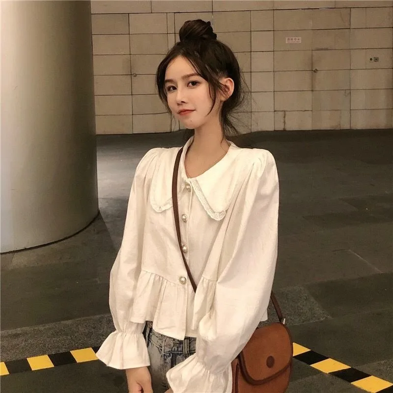 Korean Style Women Shirt Long Sleeve White Top Female Autumn Peter Pan Collar Fashion Woman Blouse 2024 Lace Ruffles Clothes New