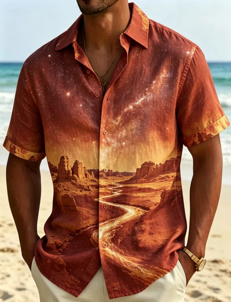 Fantasy Landscape Printed Short Sleeved shirt, men's Casual shirt, Fantasy Art style, Suitable For Hiking Outfits