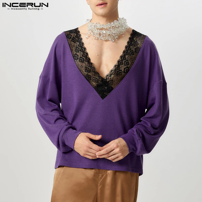 INCERUN 캐주얼 루즈 패션 스웨터 2025 남성용 긴팔 니트 풀오버 우아한 브이넥 멋진 남성 의류 스웨터