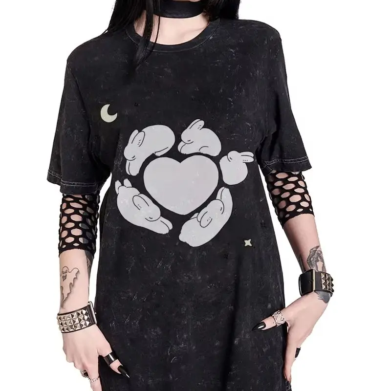 

Y2K Graphic T-shirt Bunny Heart T-shirt 100% Cotton High Quality Oversize Washed T-shirt Rabbit Moon Print Cute Y2K Vibe Gothic