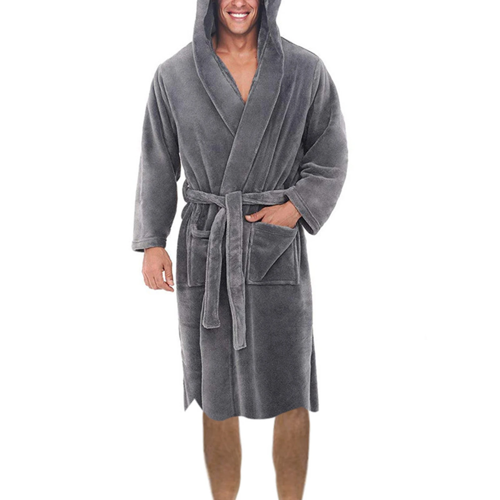 Men Nightgown Comfortable Soft Men Coral Fleece Long Bath Robe Waist Lace-up Ankle Length Men Bathrobe for Daily Life