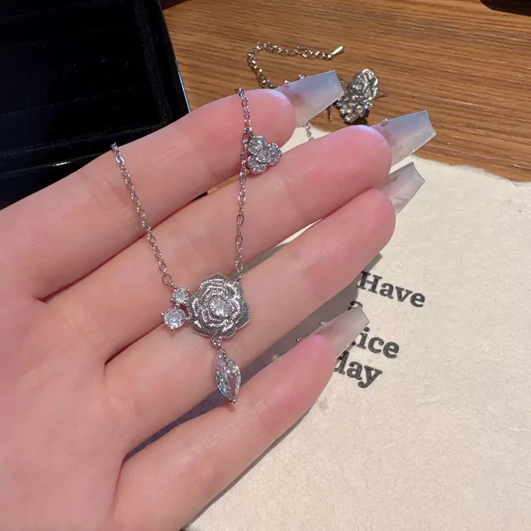 الرجعية الإناث قلادة 925 فضة مزدوجة نحى روز زهرة قلادة قلادة للنساء كاميليا سلسلة Collares مجوهرات