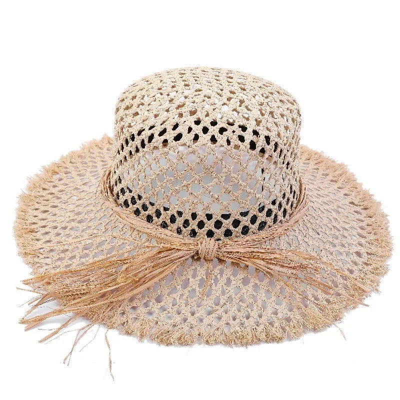 Women's Fashionable Openwork Straw Hat with Rope Trim Beach Holiday Casual Sun Hat