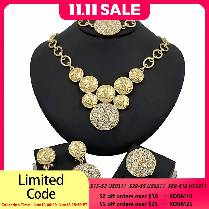 

Hight Quality Big Jewelry Set Dubai Nigeria 18K Gold Plated Chain Necklace Round Bracelet Earring Ring For Bridal Wedding Gifts