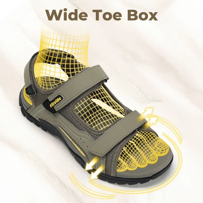 FitVille Mens Beach Sandals Wide Toe Box Walking Athletic Sandal For Men With Arch Support Cushion Slip-Resistant Beach Shoes