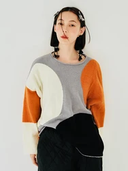 Imakokoni Original Design Sweater Long Sleeve Round Neck Pullover Top Casual Loose Versatile Color Contrast Knitwear Women's