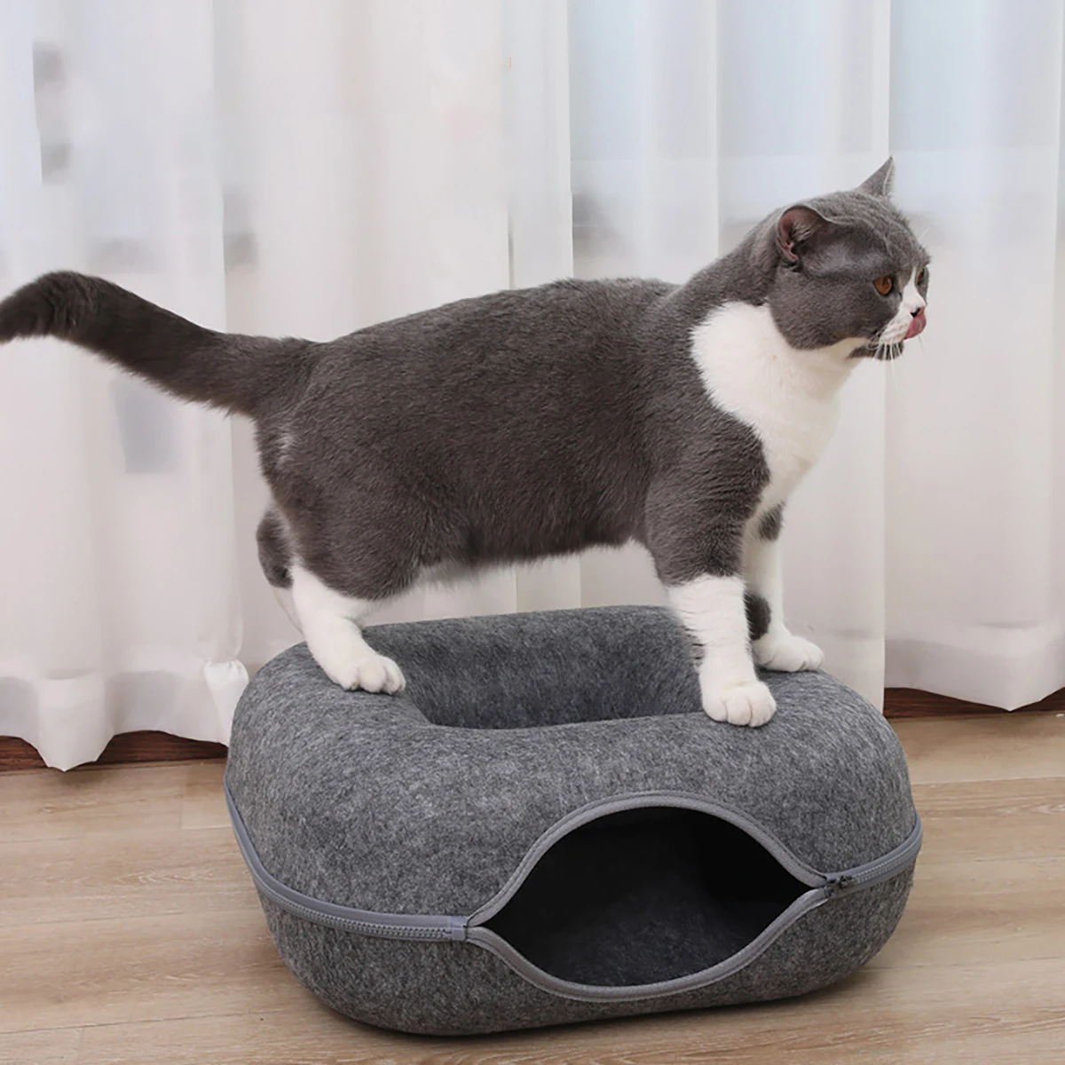 Cat Tunnel Bed, Cat Cave Bed for Indoor Felt & Washable Interior Kitten Puppy Play Tunnel for Small Pets 4 Seasons