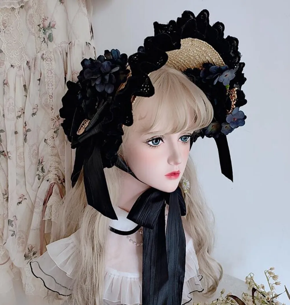 French Lolita Style Vintage Victorian Sun Hat Straw Handmade Tea Party Headwear Accessories Princess Beach Cap