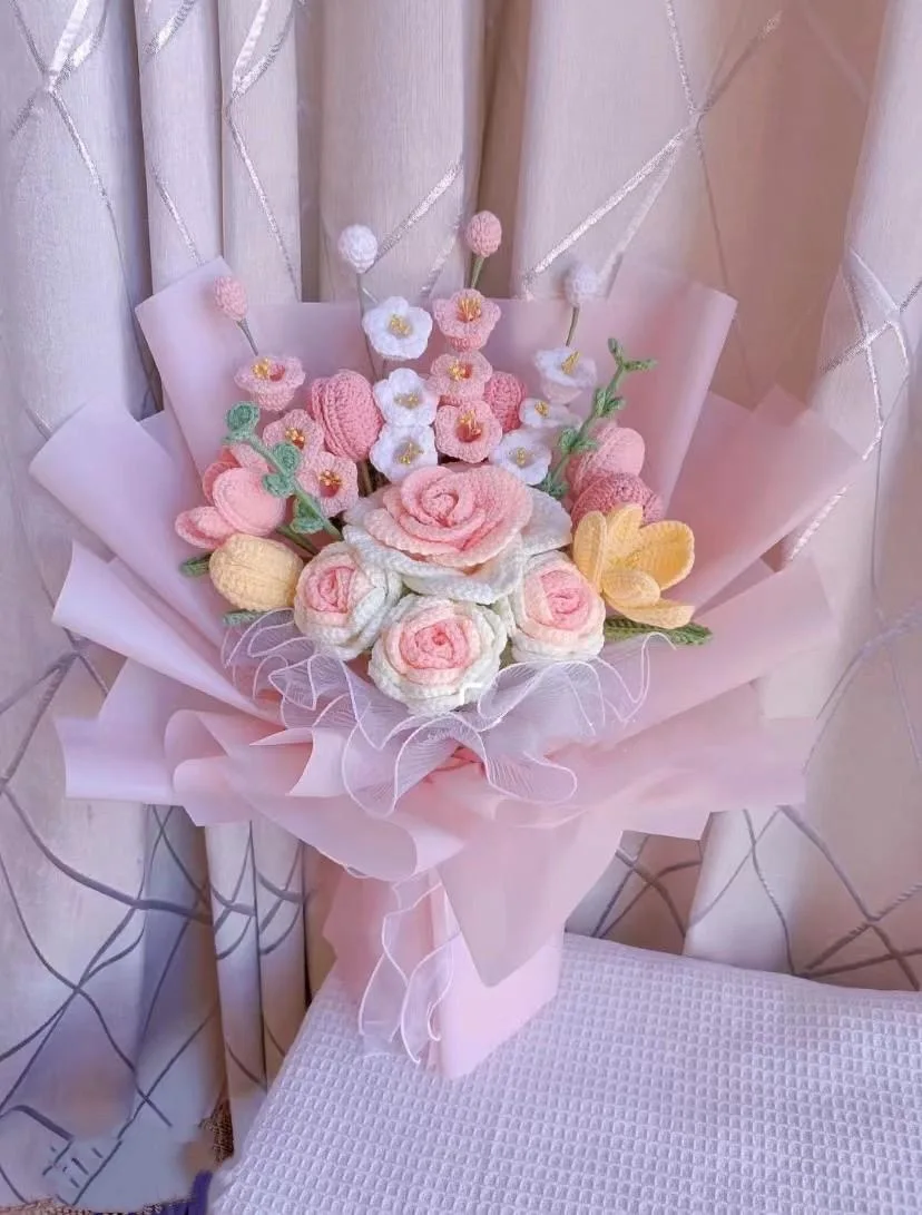 Valentine's Day Hand-Woven DIY Thai Rose Linglan Bouquet Knitted Wool Material Package 520 for Girlfriend