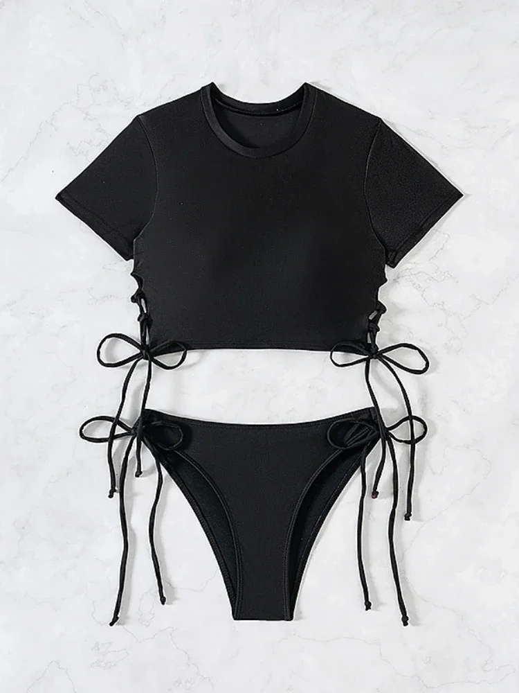 2025 New 2 Piece Swimsuit for Women Solid Color Sexy Drawstring Short Sleeve Bikini Set Beach Vacation Bathing Suit Swimwear
