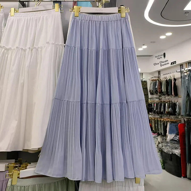 Summer 2025 Women's Midi High Waist A-Line Skirt Pleated Chiffon Cake Skirt plus Size f-length Polyester Fiber Commute Sle