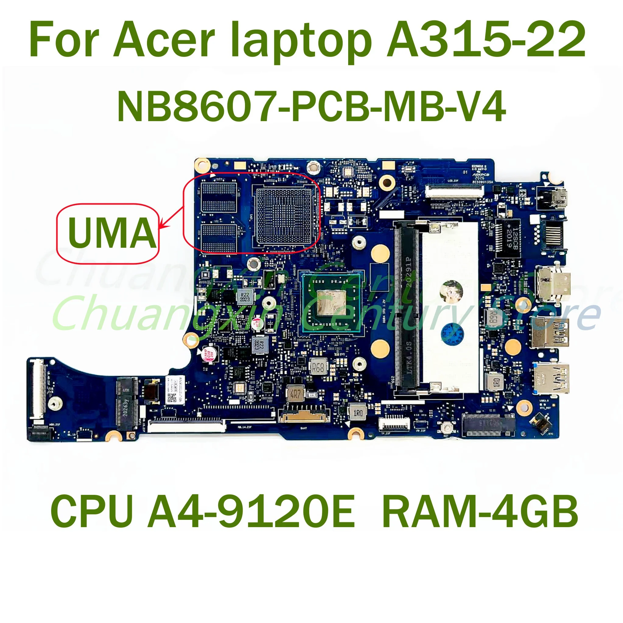 

For Acer laptop A315-22 laptop motherboard NB8607-PCB-MB-V4 with CPU A4-9120E RAM-4GB 100% Tested Fully Work