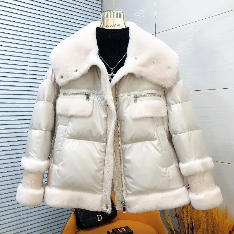 Winter Lamb Fur Coat Women Thick Faux Leather Sheepskin Coat Streetwear Waterproof Winter Shearling Bomber Jacket JJ675