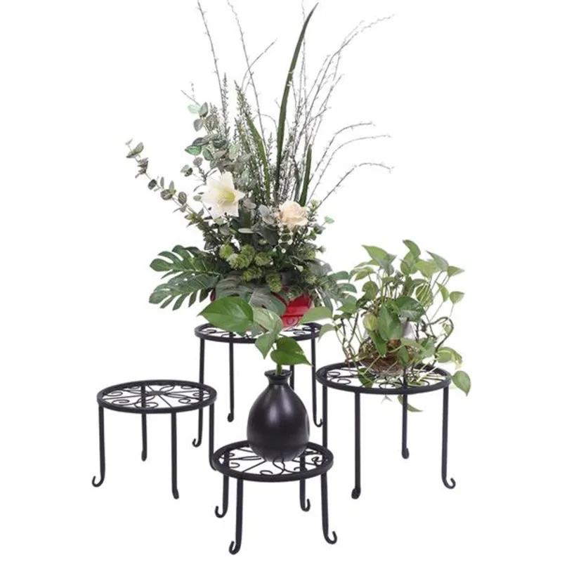 

4-piece Set Black Painted Round Patterned Plant Stand Made From Cast Iron And Very Sturdy Durable And Rust-resistant
