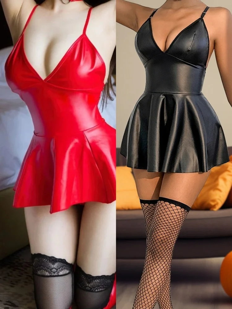 Women Dresses Sexy Lingerie Latex Daring Dress Sexy Underwear PU Leather Erotic Lingerie Dress Porno Bodysuit Women Club Wear