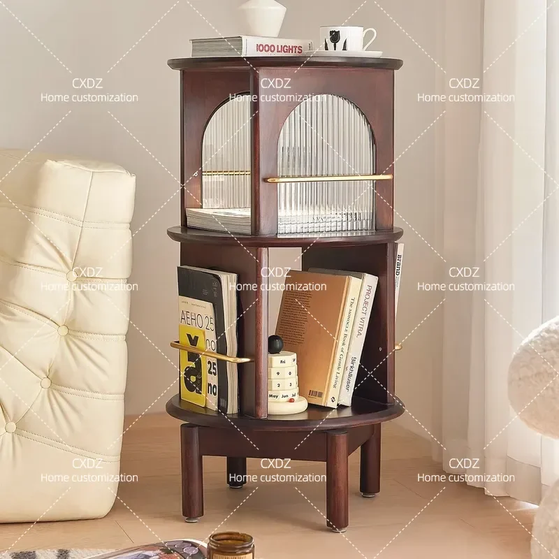 Mobile Rotating Edge Table Chinese Retro Style Living Room Sofa Corner Side Table Bedside Cafe Solid Wood Bookshelf